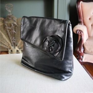 Black Leather Clutch with Floral Detail and Gold Coloured Hardware